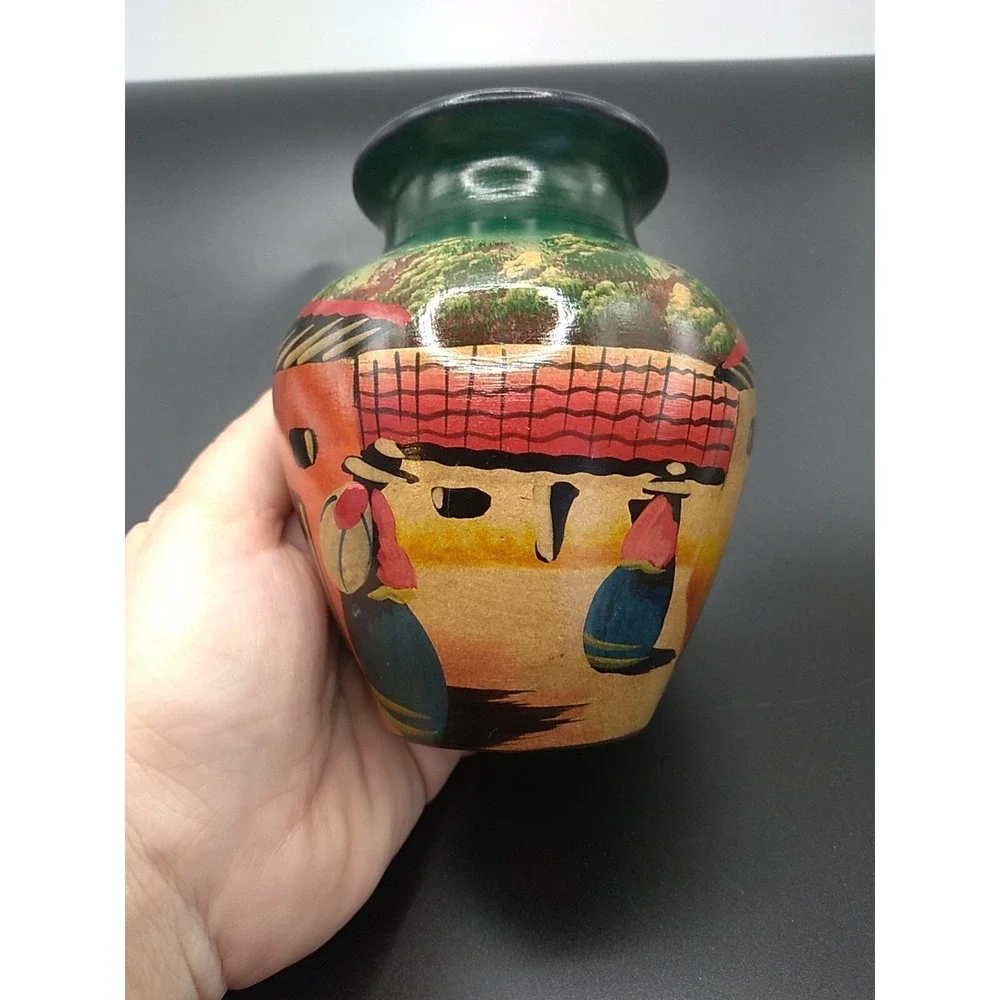 Small Pottery Vase Made In Peru Handpainted Signed Nina 4.75 in tall